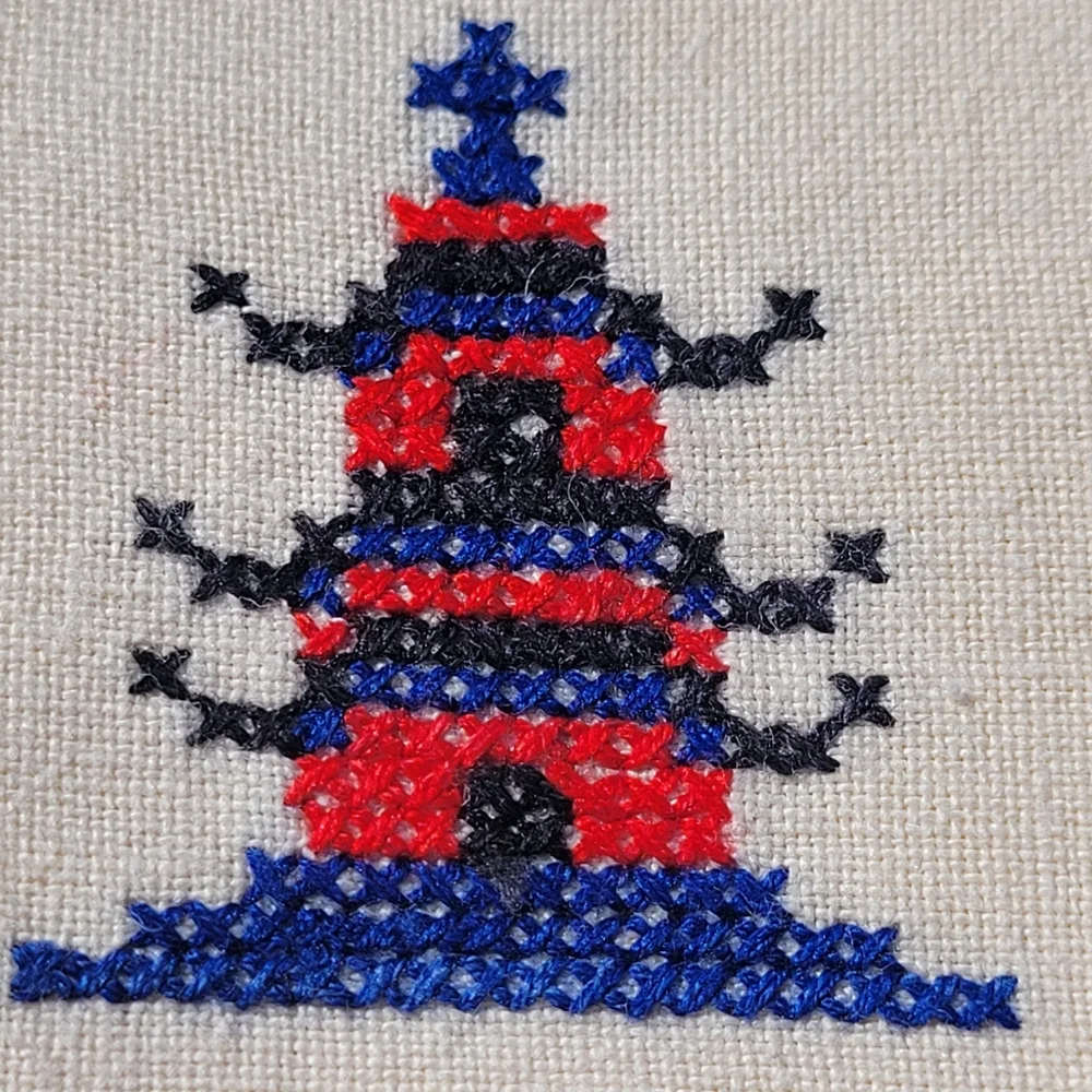 Vintage Embroidered Cloth Napkins (4) Cross-stitch Pagoda or Lighthouse? Nice!